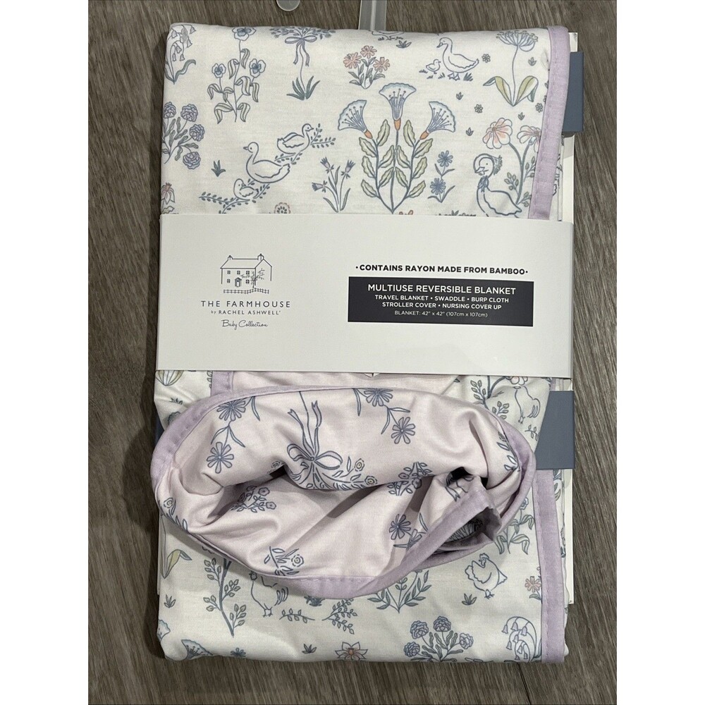 Rachel Ashwell Baby Blanket Reversible Purple Floral Ducks Flowers Lavender New